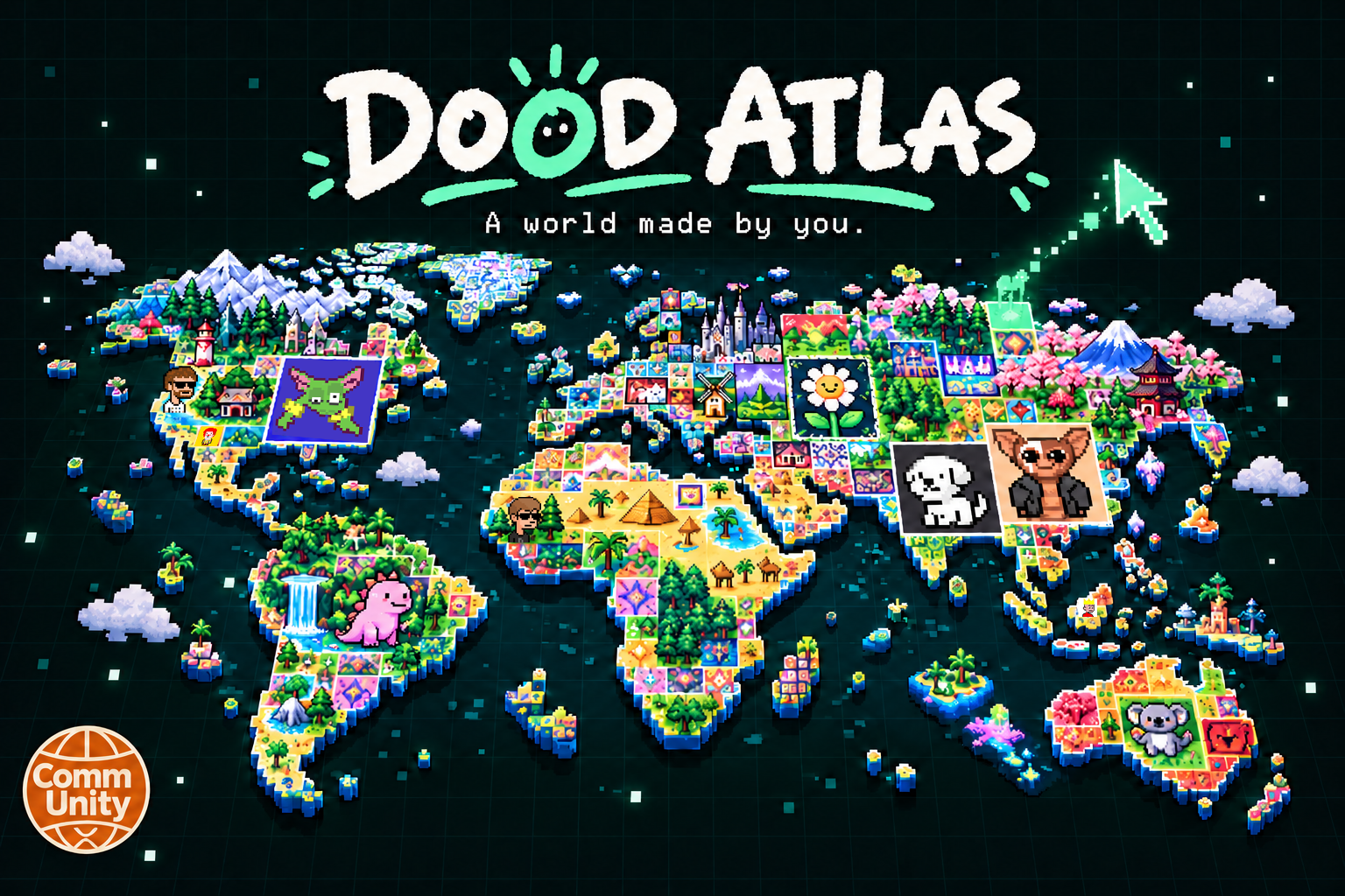 Dood Atlas title art: a glowing pixel-art world map whose continents are covered in community pixel artworks, with the tagline “A world made by you.” and the CommUnity logo in the corner