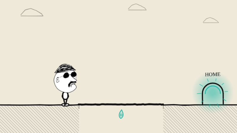 DOODventure — hand-drawn side-scrolling scene with a character running toward a glowing HOME door